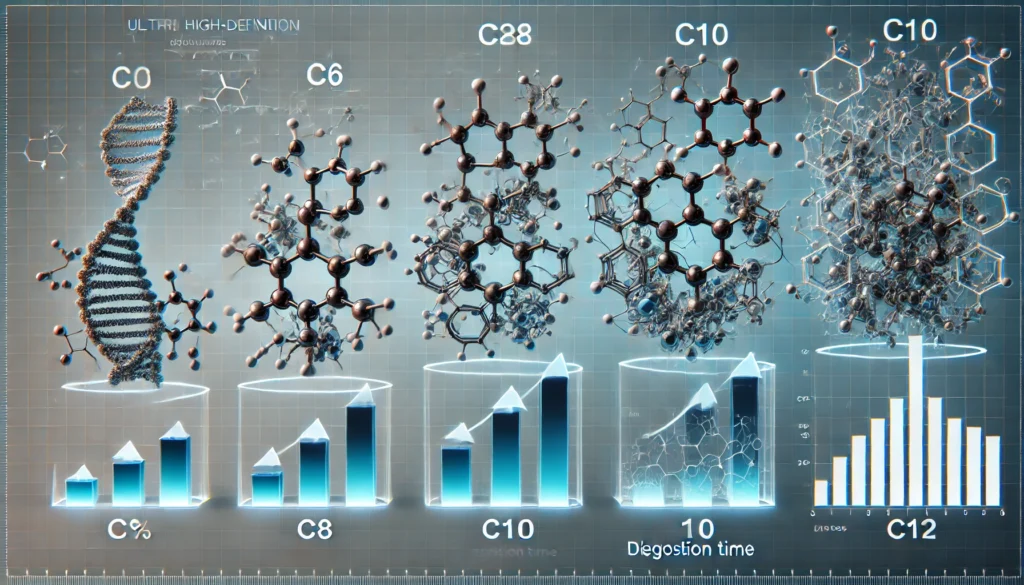 Molecular chain diagram illustrating structure differences among C6, C8, C10, and C12 in MCT oil C8 C10 comparisons