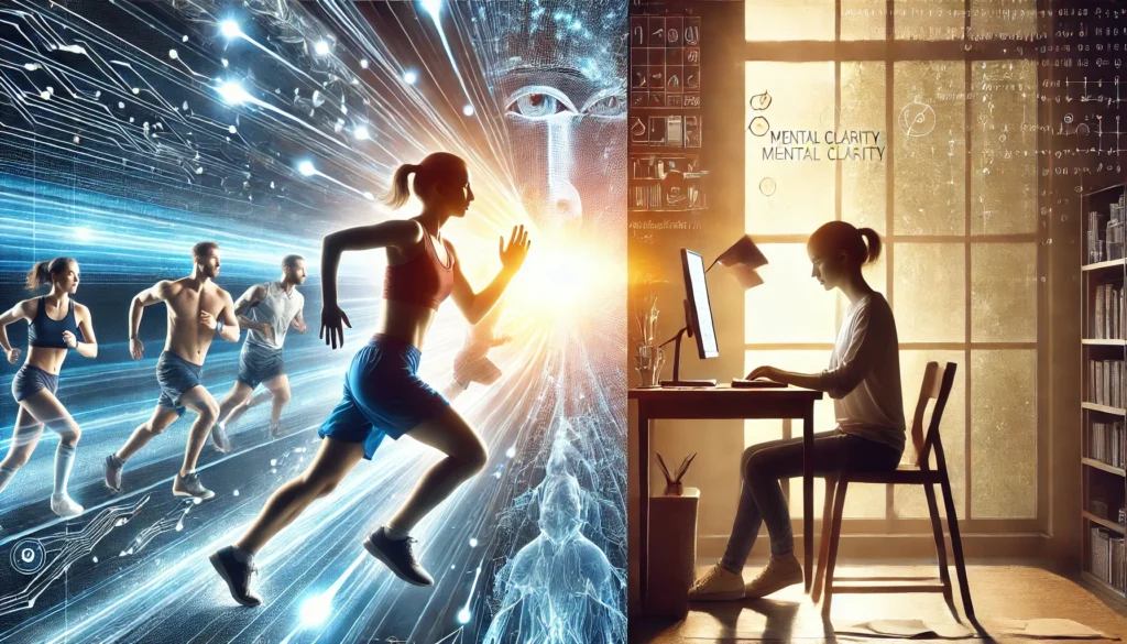 Visual contrast of endurance athlete and student focused on a laptop, representing metabolic benefits of MCT oil C8 C10