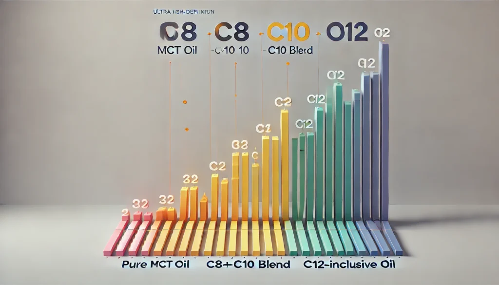 Symbolic bar graph comparison of ketone production from C8, C8 C10 blend, and C12, emphasizing MCT oil C8 C10 performance