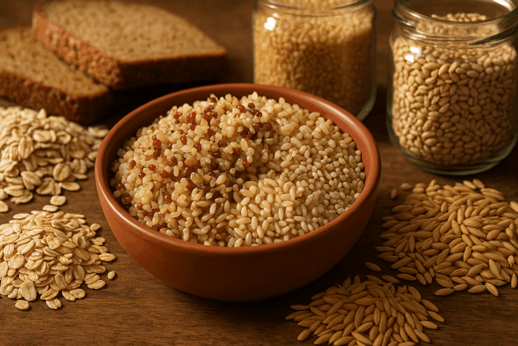 Bowl of cooked whole grains including quinoa, barley, and brown rice, surrounded by oats, bread, and raw grains, showcasing the best nutrition for health