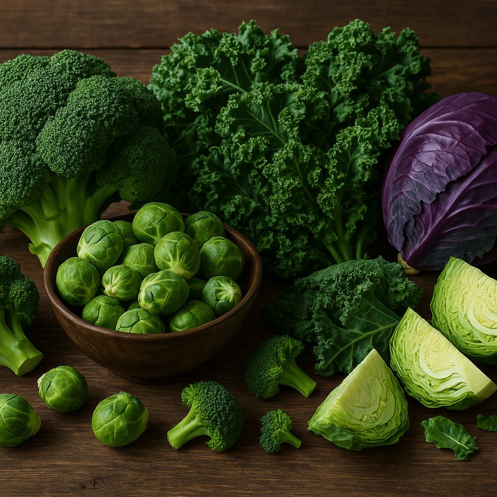 Rustic table spread of raw broccoli, kale, Brussels sprouts, and cabbage showcasing best nutrition for health