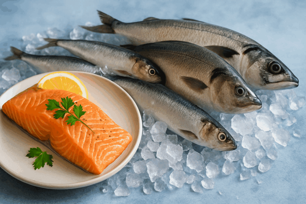Plated salmon fillet with herbs and lemon beside fresh sardines, herring, and mackerel on ice, showcasing the best nutrition for health