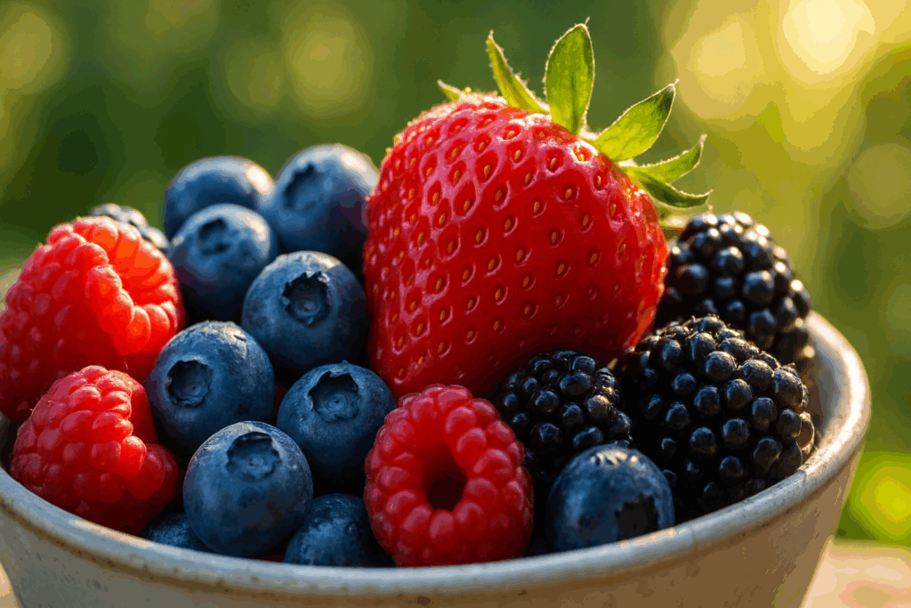 Fresh blueberries, raspberries, blackberries, and a ripe strawberry in a bowl with morning dew, highlighting the best nutrition for health