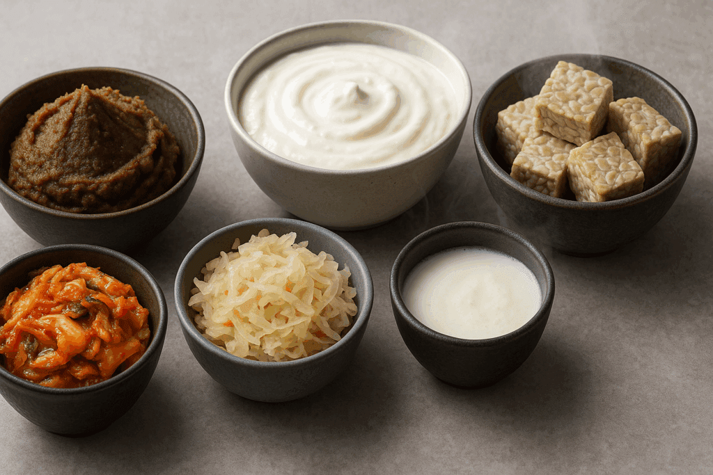 Assorted fermented foods including kimchi, sauerkraut, yogurt, kefir, miso, and tempeh in bowls on a neutral counter, showcasing the best nutrition for health