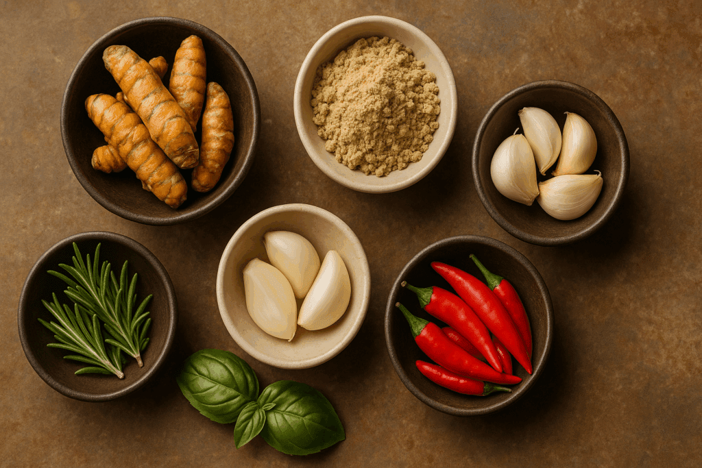 Top-down view of turmeric, ginger, garlic, rosemary, basil, and chili peppers arranged in ceramic bowls, showcasing the best nutrition for health