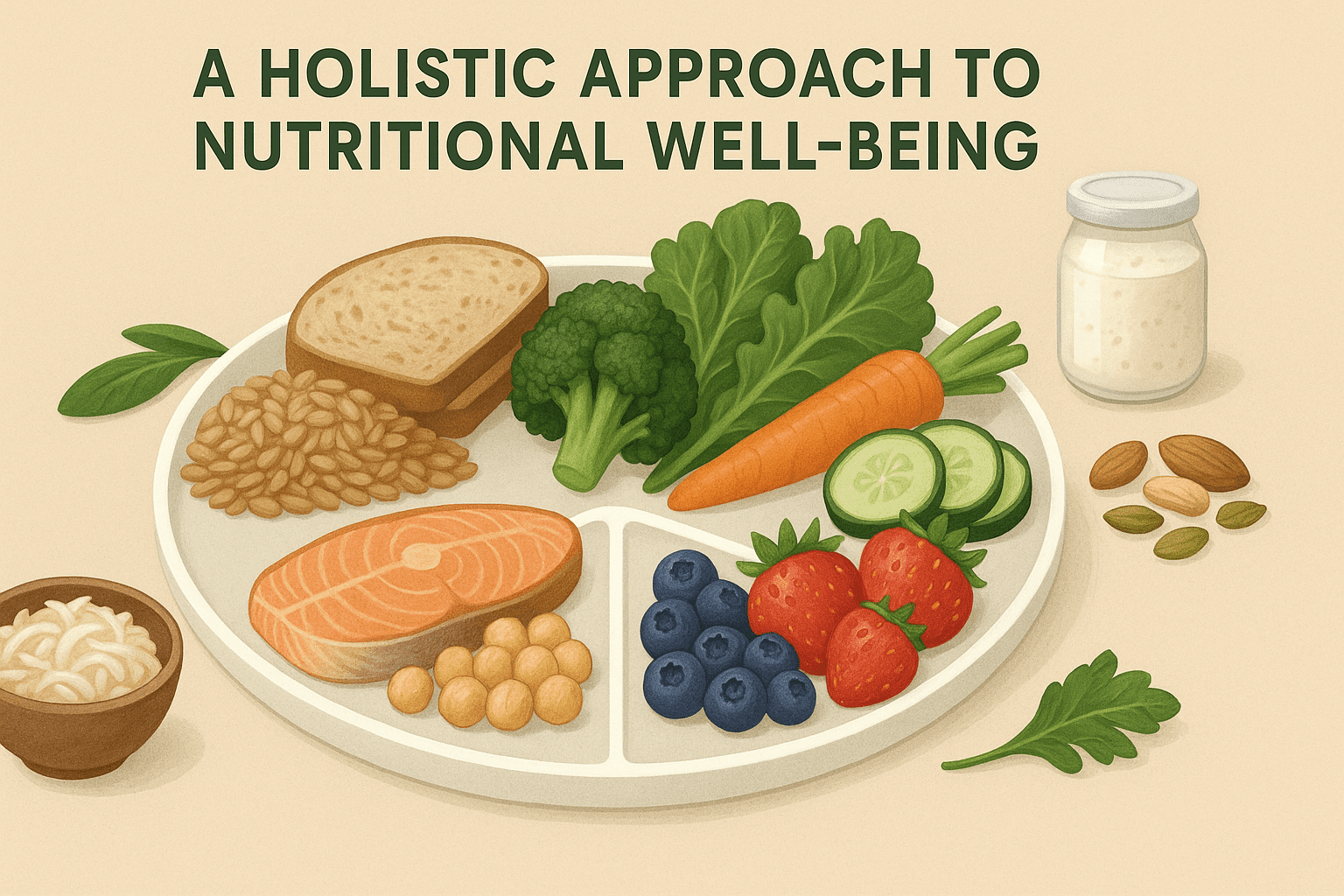Circular infographic-style plate with whole grains, vegetables, berries, fish, legumes, nuts, seeds, and fermented foods—illustrating the best nutrition for health