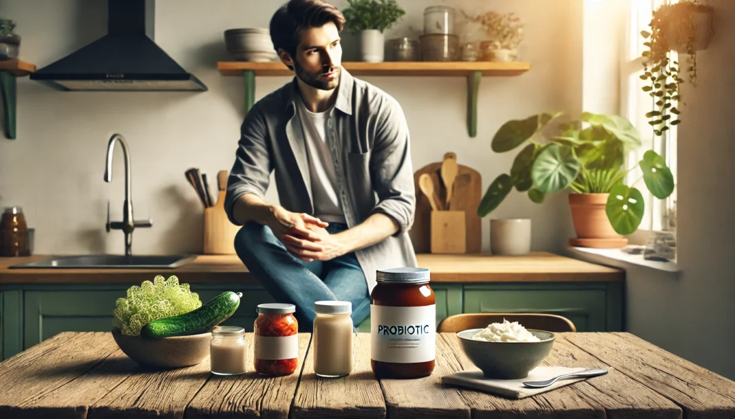 Person holding probiotic supplement with fermented foods for best probiotic for leaky gut healing