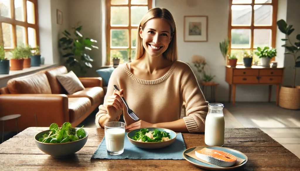 Healthy person eating gut-friendly foods including kefir and salmon for best probiotic for leaky gut