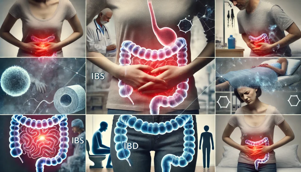 Composite image showing different types of bowel disorders including IBS, IBD, and chronic constipation