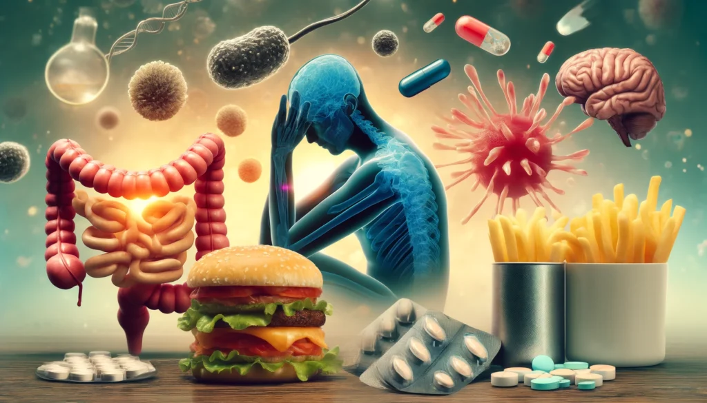 Visual representation of common causes of bowel problems including stress, poor diet, and genetics