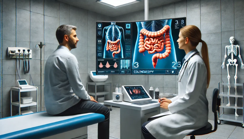 Diagnostic consultation showing colonoscopy and stool test results for evaluating bowel disorders