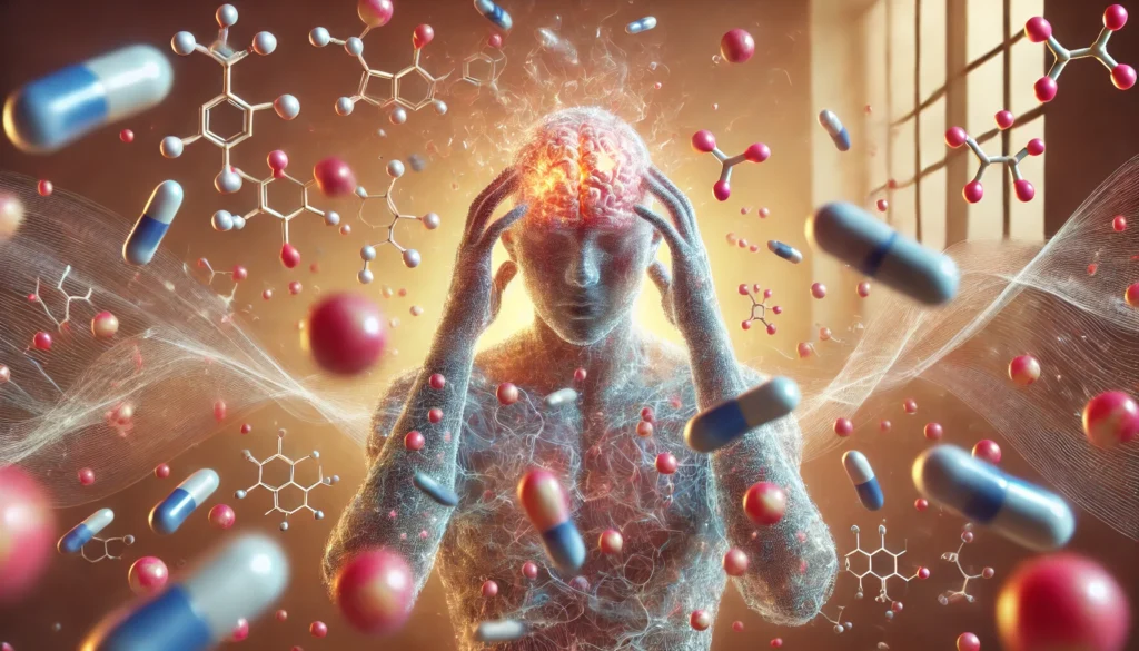 Overwhelmed person surrounded by symbolic cortisol and hormone particles, depicting brain is mush meaning due to stress imbalance.