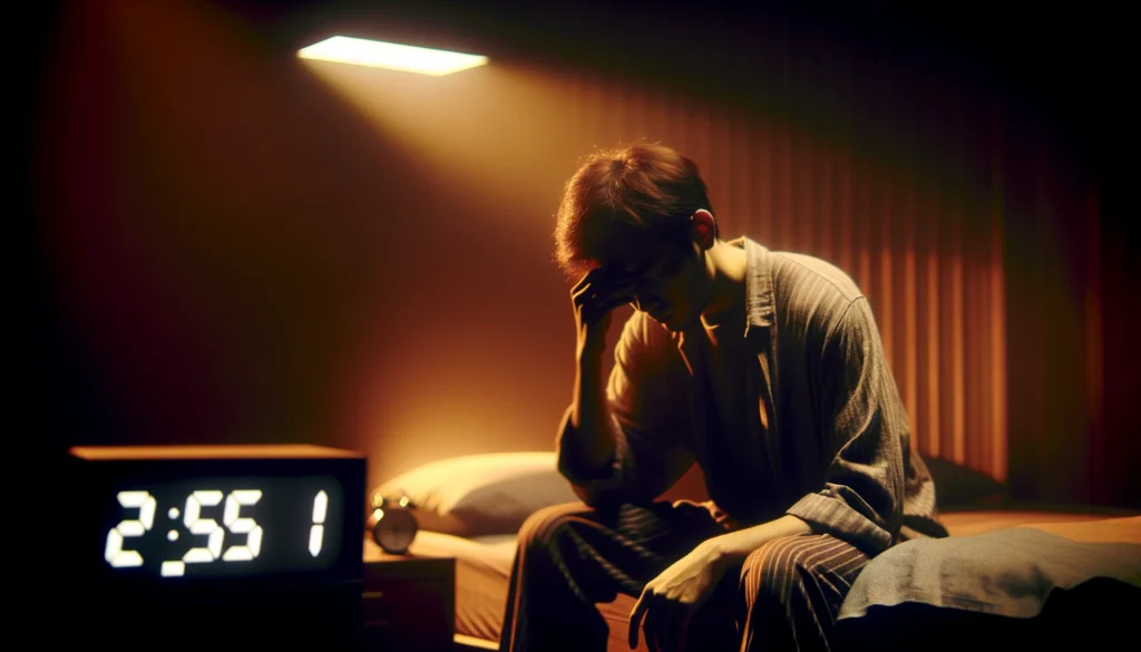 Sleep-deprived person in dark bedroom showing exhaustion and mental decline associated with brain is mush meaning.