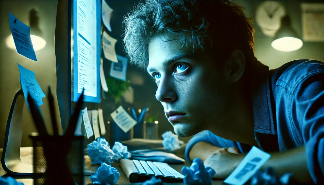 Person staring blankly at screen surrounded by notes, visually representing the brain is mush meaning through mental exhaustion and fatigue.