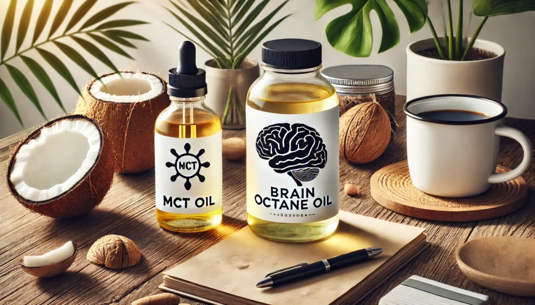 Brain Octane oil vs MCT oil visual comparison setup on a wellness-themed countertop for clarity on functional fats