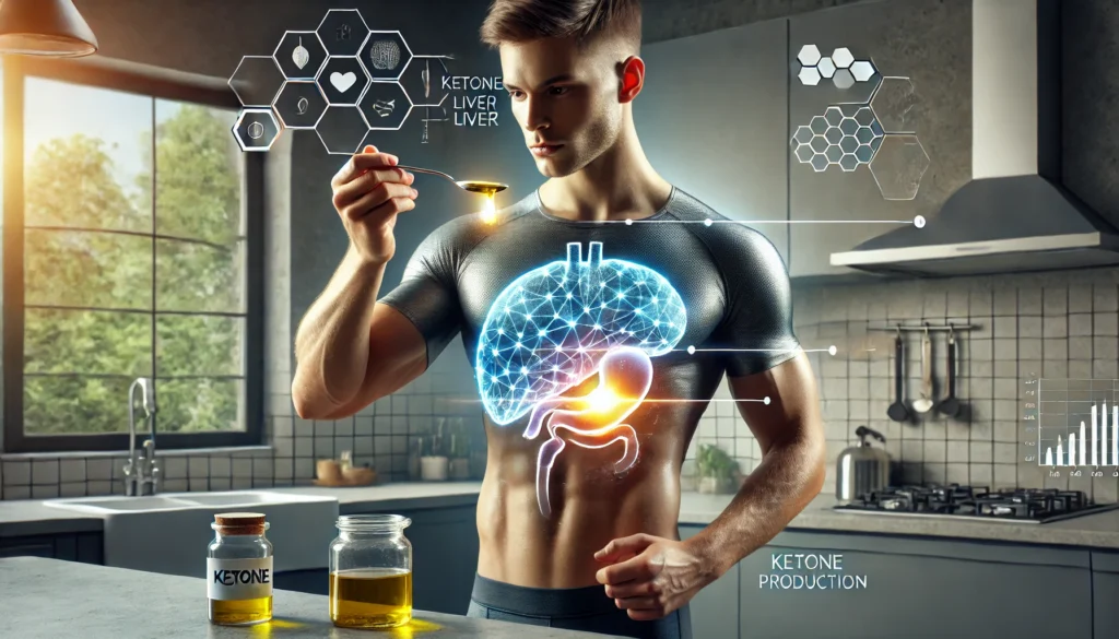 Young person using Brain Octane oil with visual emphasis on ketone generation and rapid ketosis effects