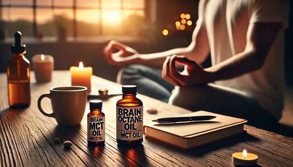 Person adding Brain Octane oil to a morning smoothie, showing ease of daily digestive-friendly MCT usage