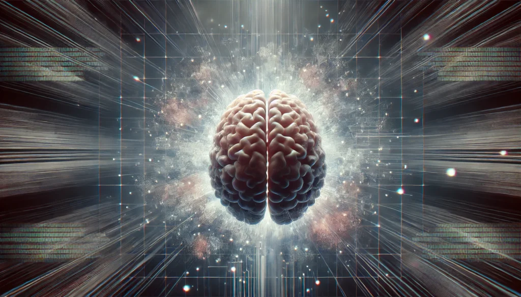 Visual metaphor of a glitching brain to depict the overwhelming mental pause described in the brain stopped experience
