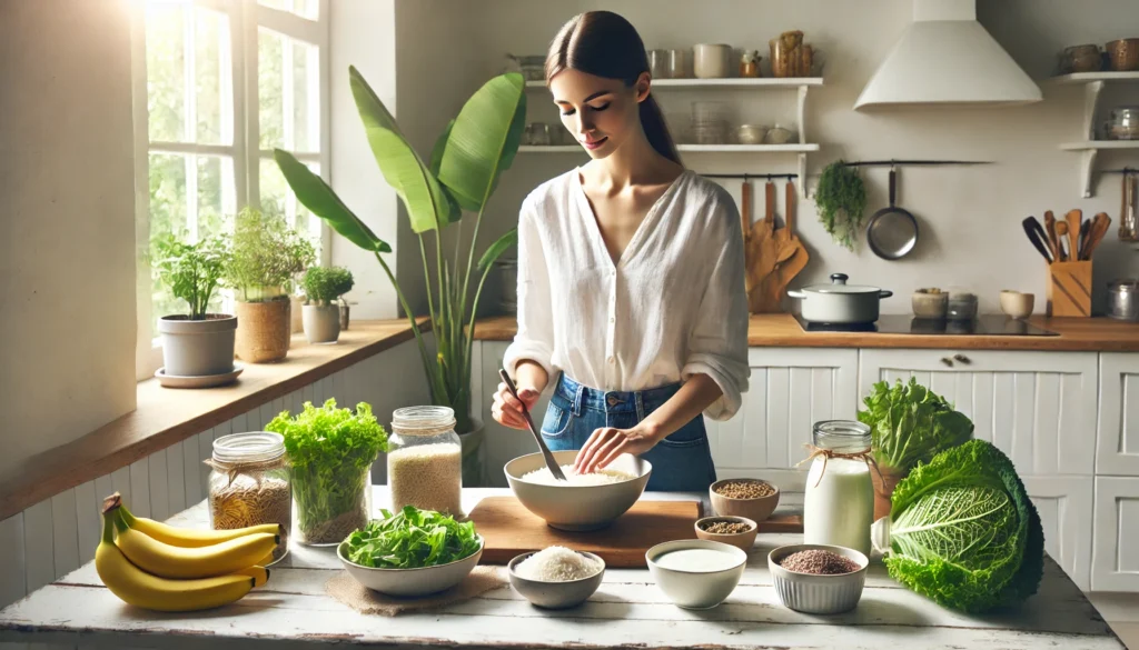 Preparing a gut-friendly meal with foods that prevent bubble guts and diarrhea including rice, greens, and tea