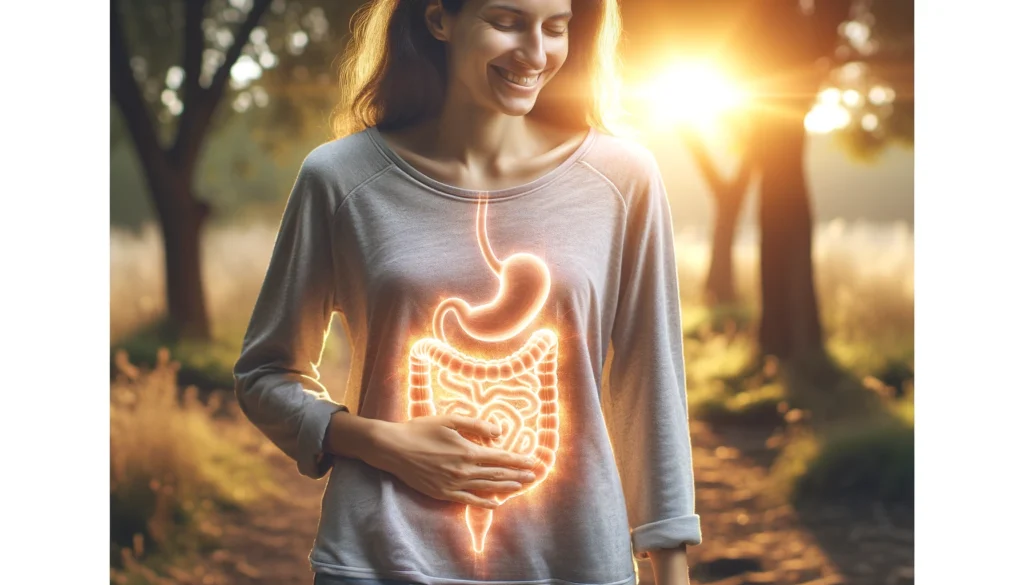 Person symbolizing recovery from bubble guts and diarrhea with glowing digestive tract overlay in outdoor setting