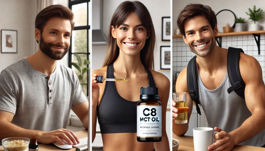 Diverse users incorporating C8 MCT oil into daily routines highlighting Bulletproof Brain Octane oil reviews