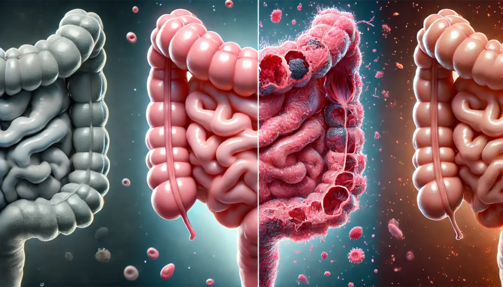 Side-by-side comparison of healthy vs. damaged GI tract tissue to visualize common GI defects