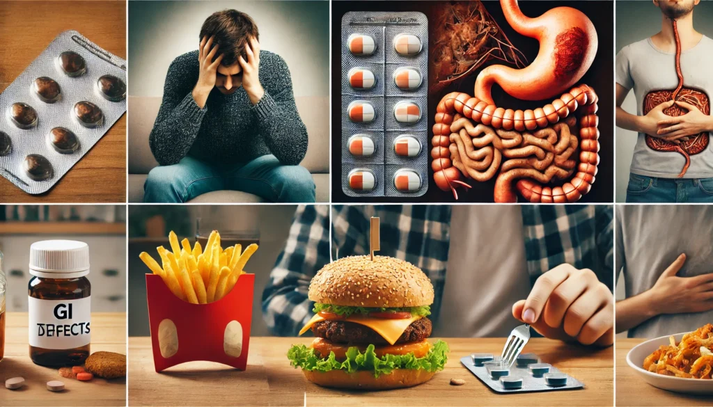 Conceptual image illustrating key risk factors that contribute to GI tract defects including stress and poor diet