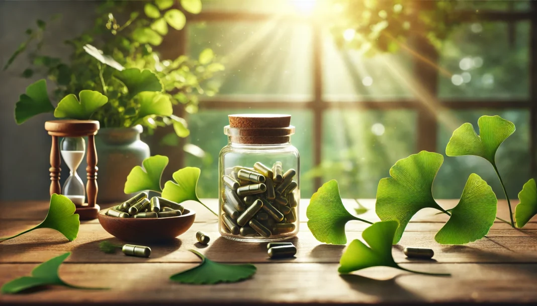 Fresh ginkgo leaves and supplement capsules arranged in natural light, reflecting the question can ginkgo biloba help with dementia