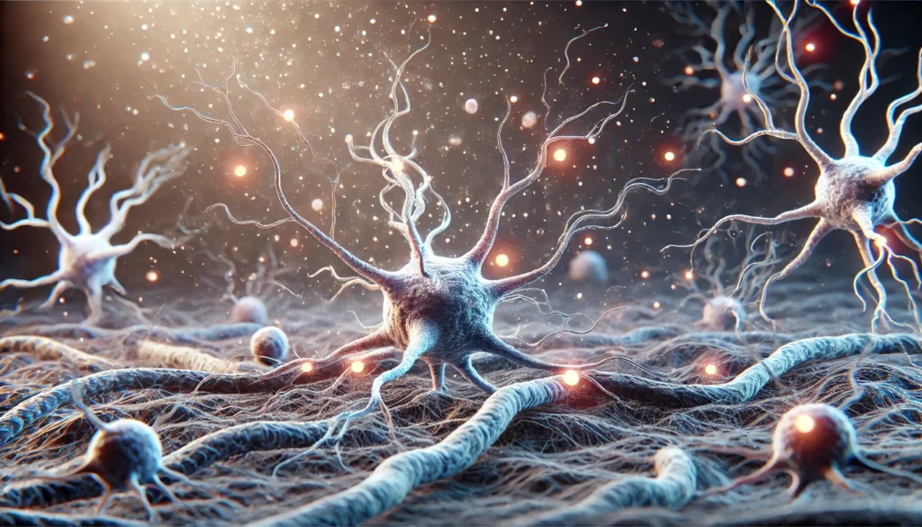3D conceptual illustration of neurons showing dementia-linked plaques and tangles
