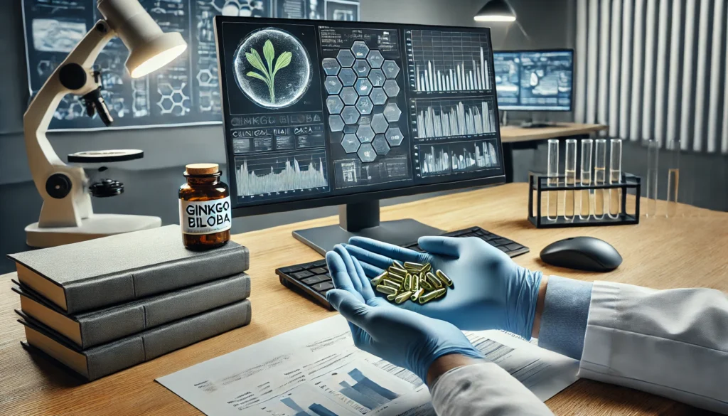 Researcher holding a ginkgo capsule while analyzing scientific trial data on dementia treatments