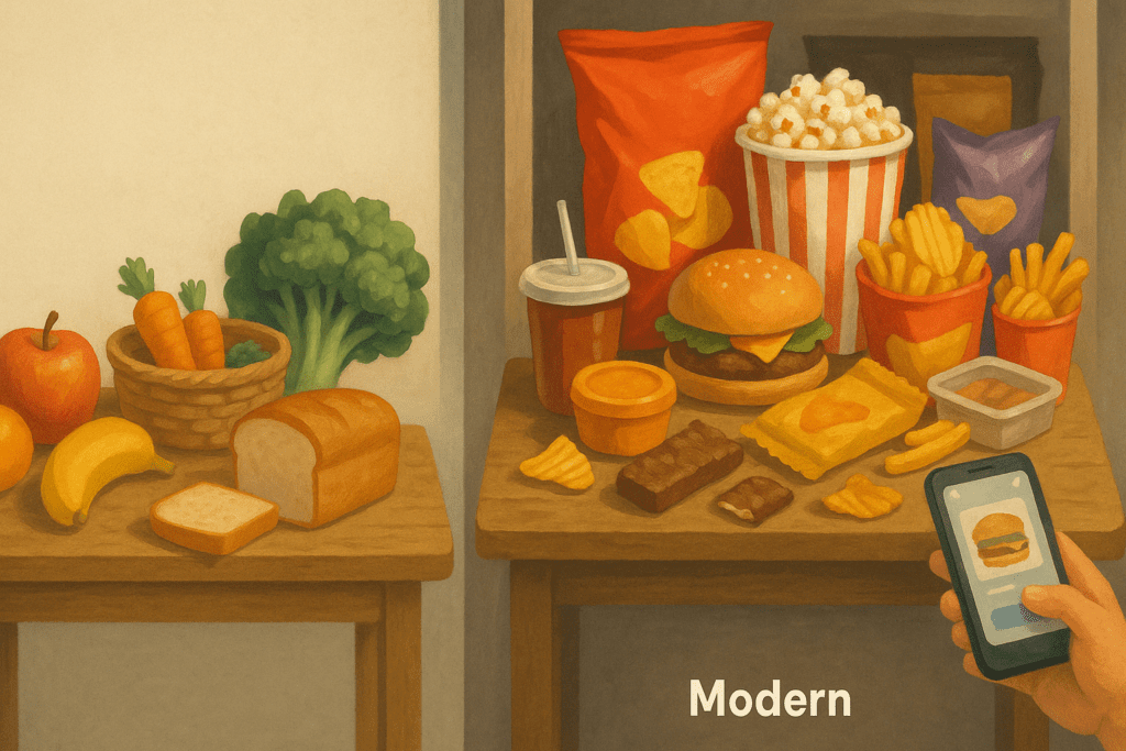 Split-screen concept illustration comparing early 2000s and modern diets, showing how people eat more today than 20 years ago with larger portions and ultra-processed foods