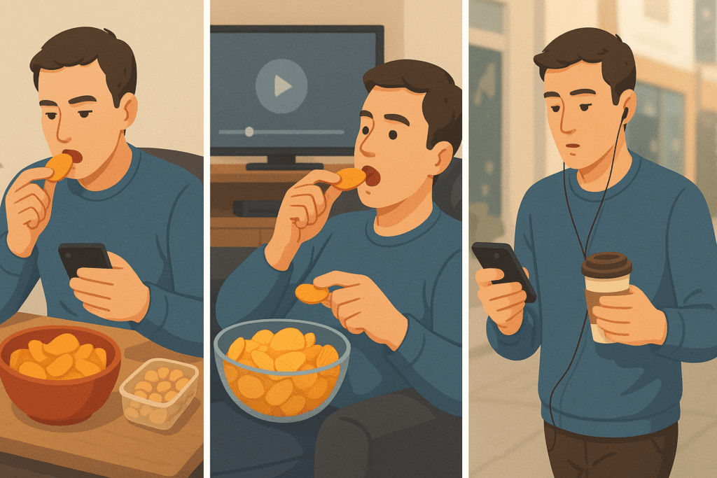 Man snacking throughout the day in different settings, illustrating how people eat more today than 20 years ago due to distracted eating habits