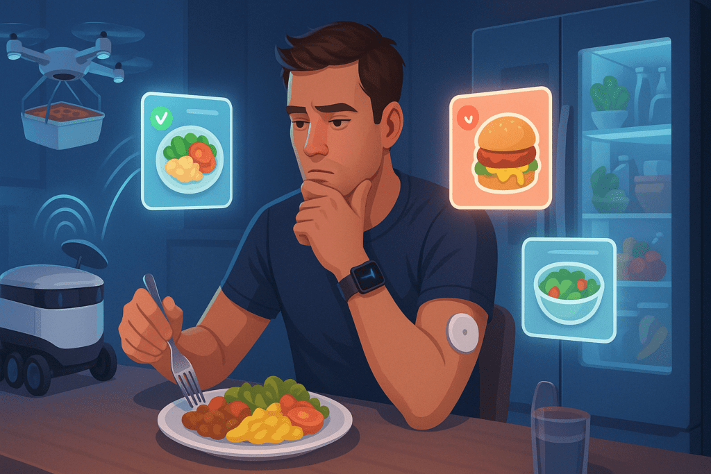 Man surrounded by futuristic food tech—smartwatch, glucose monitor, drone delivery, and smart fridge—illustrating why people eat more today than 20 years ago