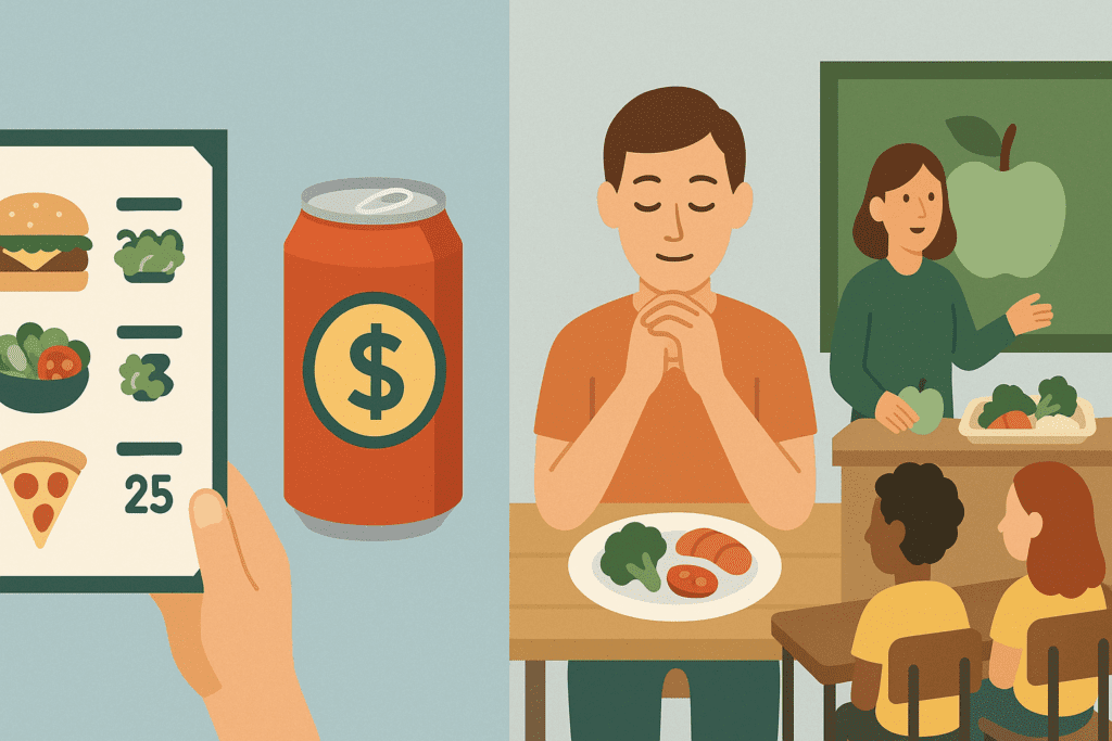Infographic illustrating public health strategies like calorie labeling, sugar taxes, intuitive eating, and school food education, highlighting how people Eat More Today Than 20 Years Ago