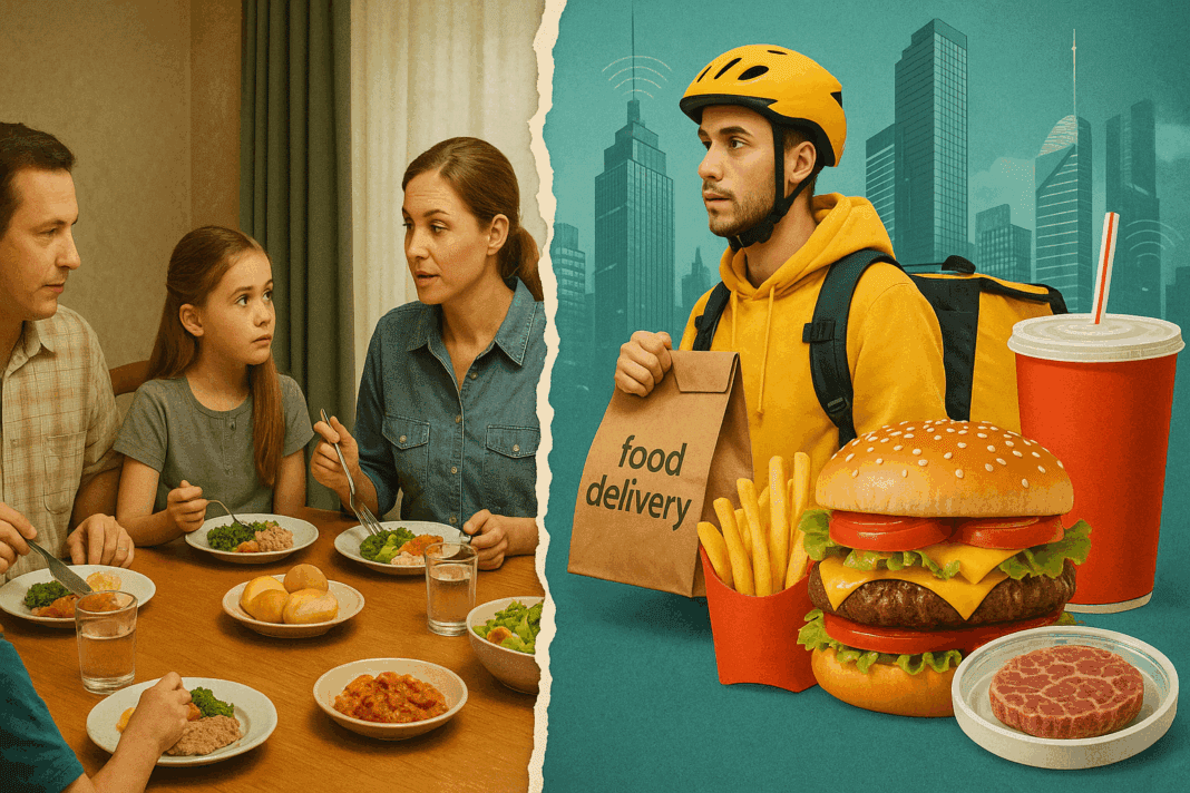 Modern food delivery and oversized fast food contrast with a 2000s family dinner, exploring Can People Eat More Today Than 20 Years Ago