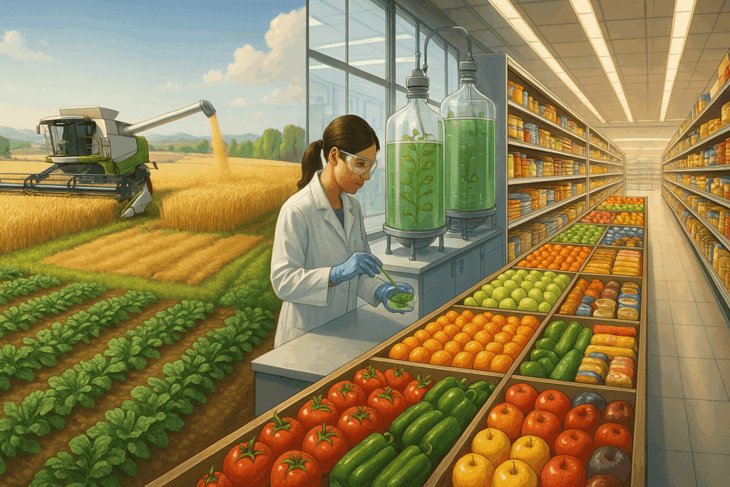 Global food supply chain from farm and biotech lab to grocery store shelves, illustrating how Can People Eat More Today Than 20 Years Ago
