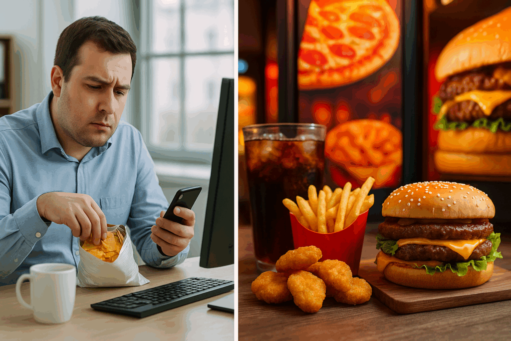 Split-screen image illustrating the question Can People Eat More Today Than 20 Years Ago, with a sedentary office worker and a display of high-calorie fast food and ads