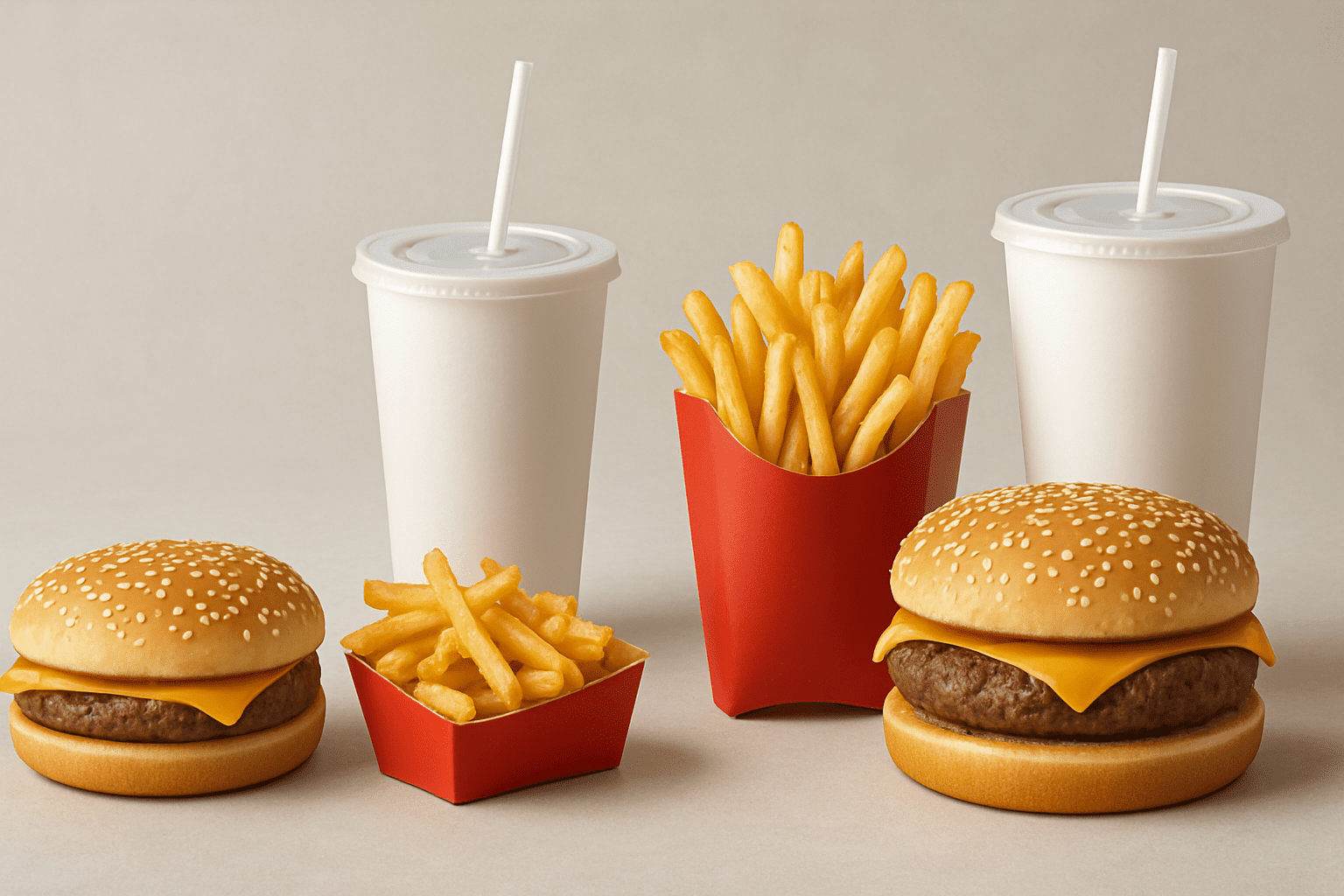 Visual comparison of fast-food portion sizes from early 2000s to today showing larger burgers, fries, and drinks, illustrating Can People Eat More Today Than 20 Years Ago