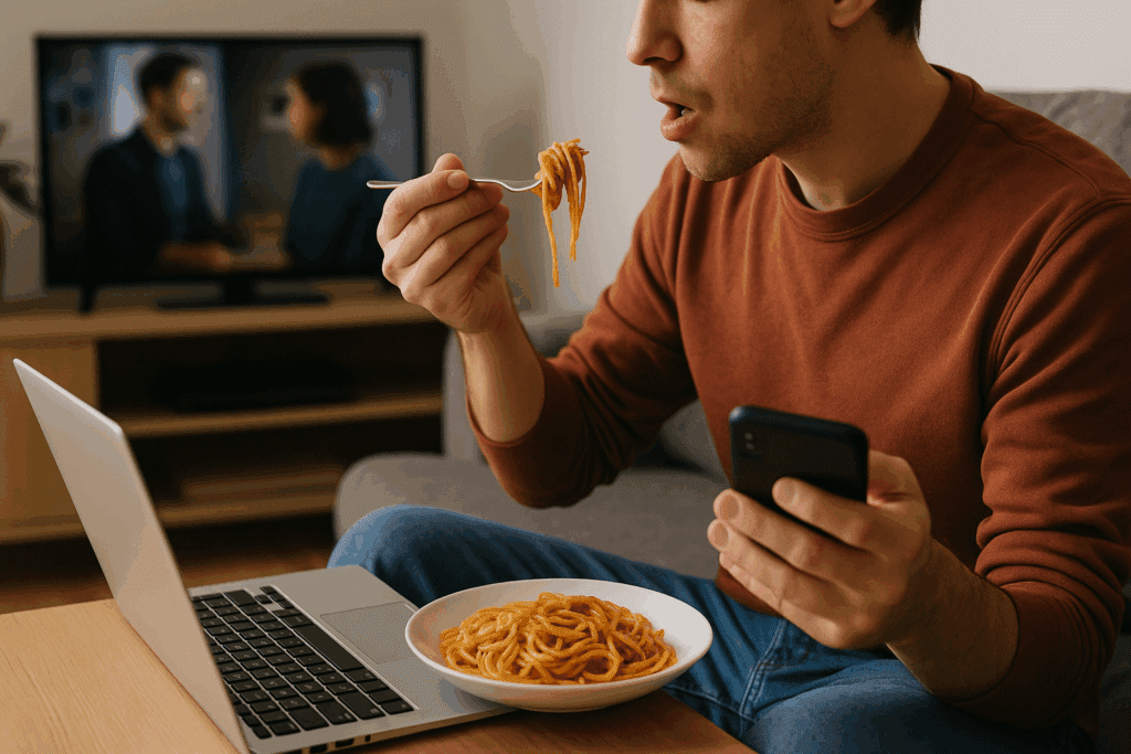 Young adult multitasking while eating pasta, illustrating modern distracted dining habits—supports the question: Can People Eat More Today Than 20 Years Ago