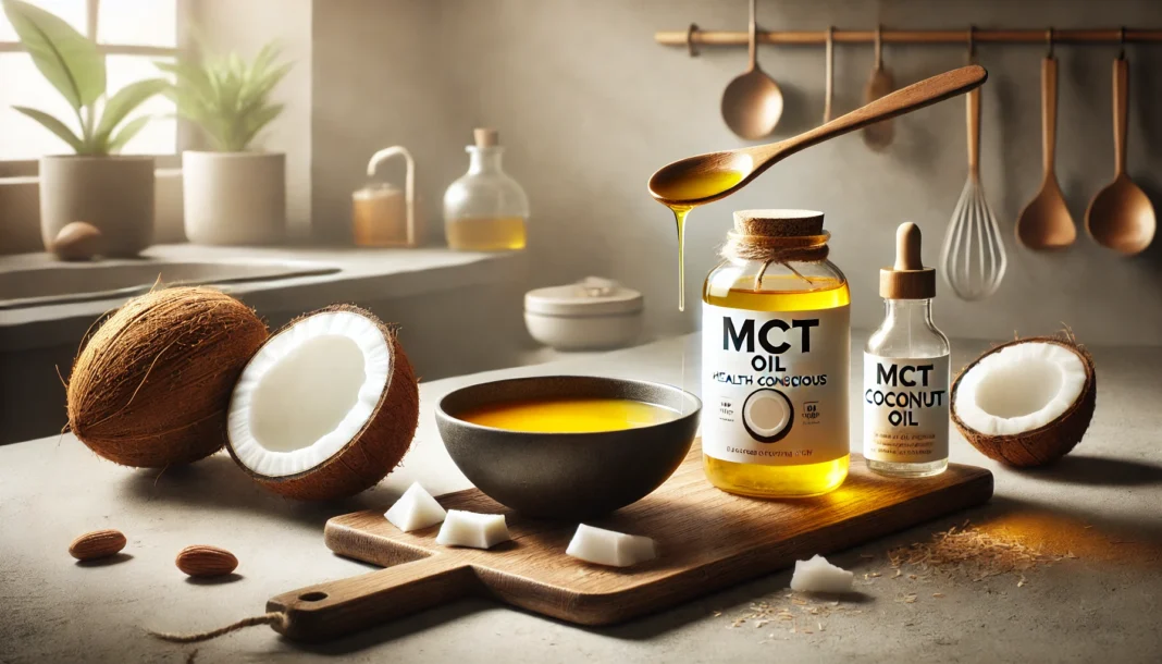 MCT oil with soup and coconut on a kitchen counter representing the topic 