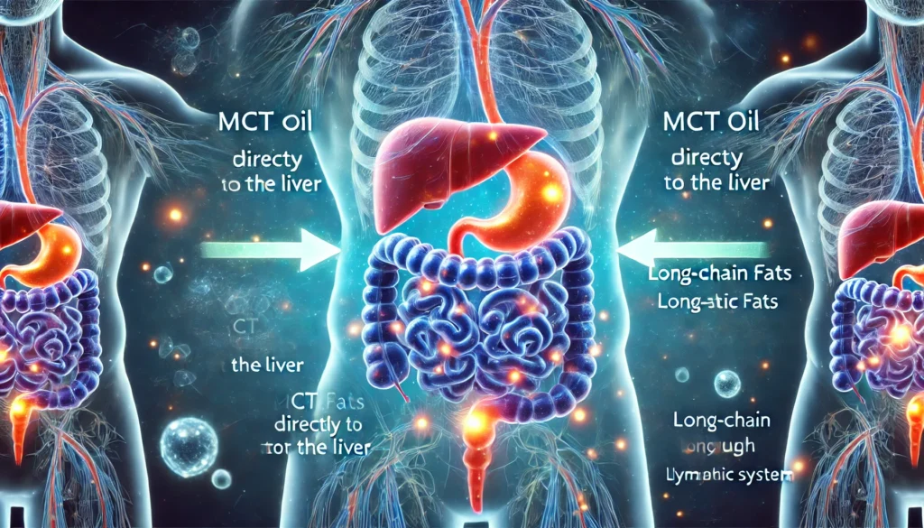 Visual comparison of MCT and long-chain fat digestion, explaining why MCT oil behaves differently in cooking