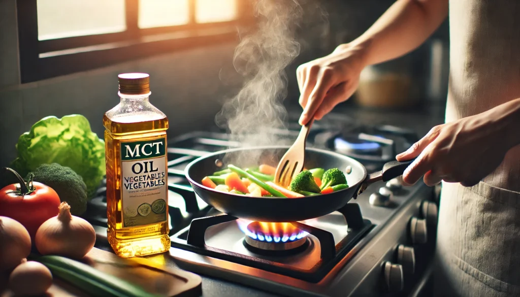 Cooking vegetables with MCT oil at low heat, illustrating how you can cook with MCT oil safely