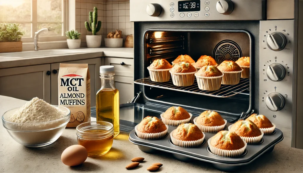 Keto muffins prepared with MCT oil inside a home oven, representing safe baking use for MCT oil