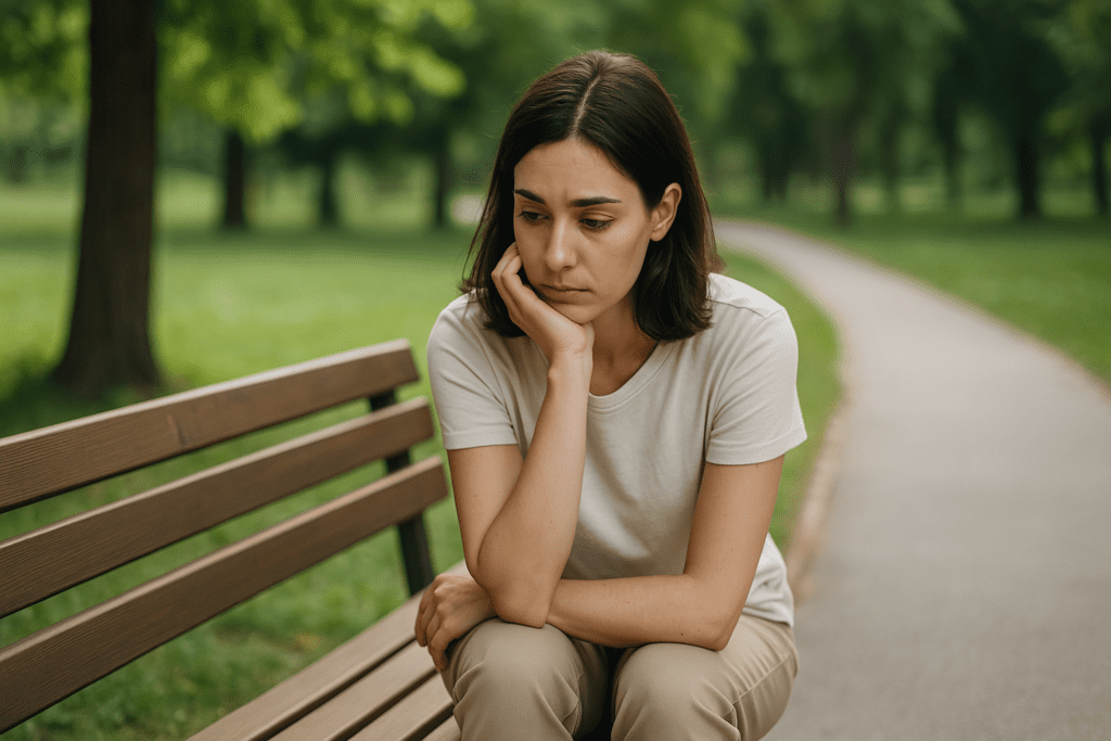 A contemplative young woman sits alone on a wooden park bench in a quiet green space, bathed in soft morning light, evoking personal reflection on current nutrition research articles. Her thoughtful pose and the peaceful outdoor setting visually suggest the need for clarity and mindfulness in navigating complex health information