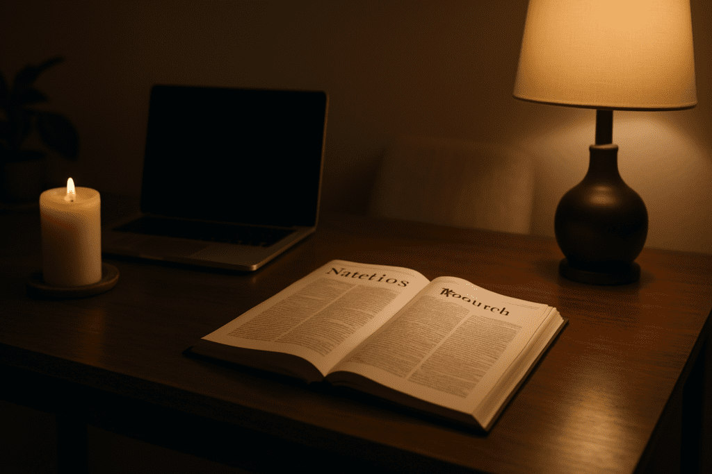 A dimly lit home office at night features an open nutrition research journal beside a softly glowing table lamp, with a laptop, candle, and potted plant creating an intimate setting that reflects focused late-night reading and analysis of evidence-based dietary studies