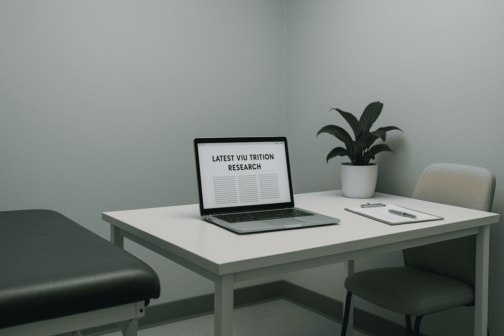 A sleek, minimalist clinical office showcases a neutral-toned desk setup with a laptop displaying nutrition research headlines, symbolizing a professional environment where current dietary guidelines are reviewed and translated for client care on a nutritionist’s home page