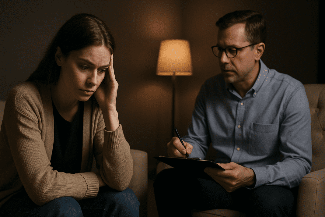 A therapy session unfolds in a cozy room with warm lighting, where a distressed young woman engages with a focused therapist, emphasizing the emotional and psychological dimensions of nutritional decisions — a key topic often highlighted in modern nutrition research articles