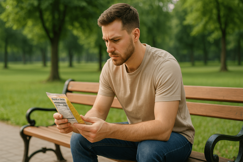 A young man sits alone on a wooden bench in a sunlit park, intently examining the Nutrition Facts label on a packaged snack. The soft natural lighting and calm outdoor setting highlight his focus, reinforcing the theme of understanding food labels and nutrient information