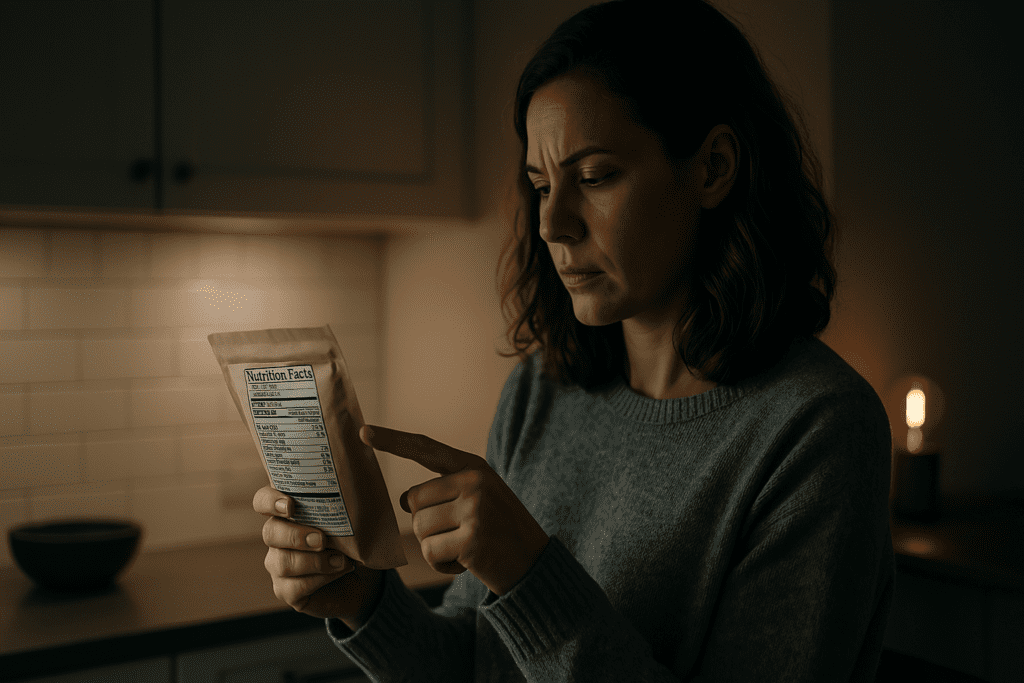 In a dimly lit kitchen with minimal decor, a woman closely inspects a product’s nutrition label under ambient indoor lighting. Her concentrated posture and the uncluttered environment visually support the article's theme on decoding food nutrition facts and making informed dietary choices