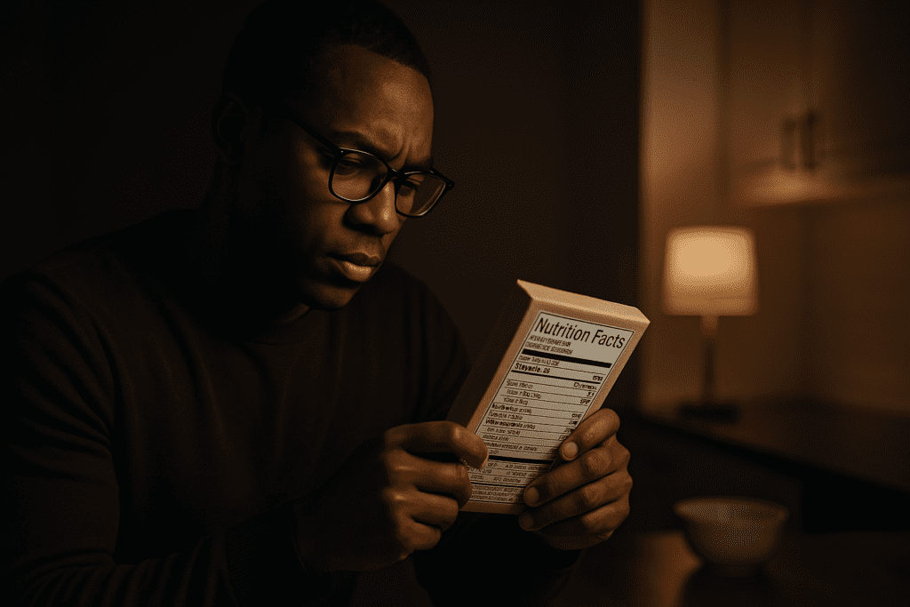 Under warm interior lighting, a man stands in a softly focused home kitchen, deeply engaged in reading the nutritional value of a boxed food item. The intimate scene and his intense concentration evoke the core message of the science-backed nutrition guide